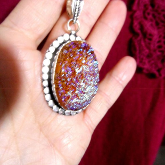 New PINK GOLD QUARTZ Crystal Charm Pendant & 28" Necklace Set 925 Silver Scallop - Picture 3 of 6